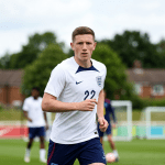 England soccer player wearing number 22 running on practice field