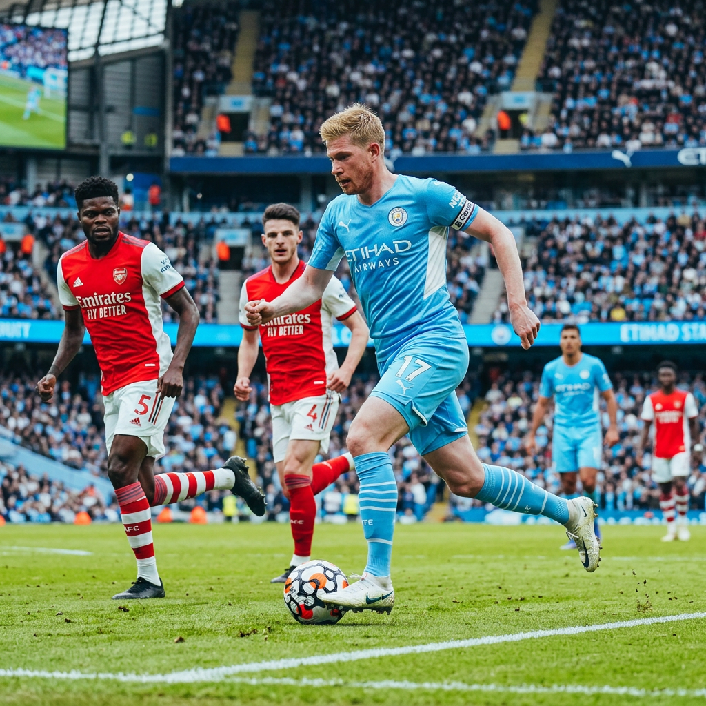 Manchester City player Kevin De Bruyne in blue dribbling the ball with Arsenal players nearby