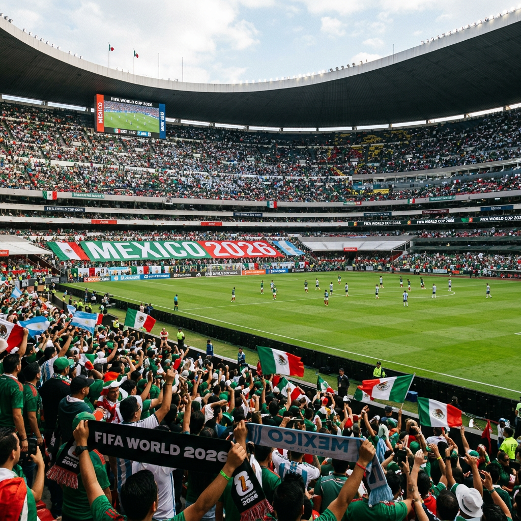 Crowded stadium with fans waving Mexican flags and banners for FIFA World Cup 2026