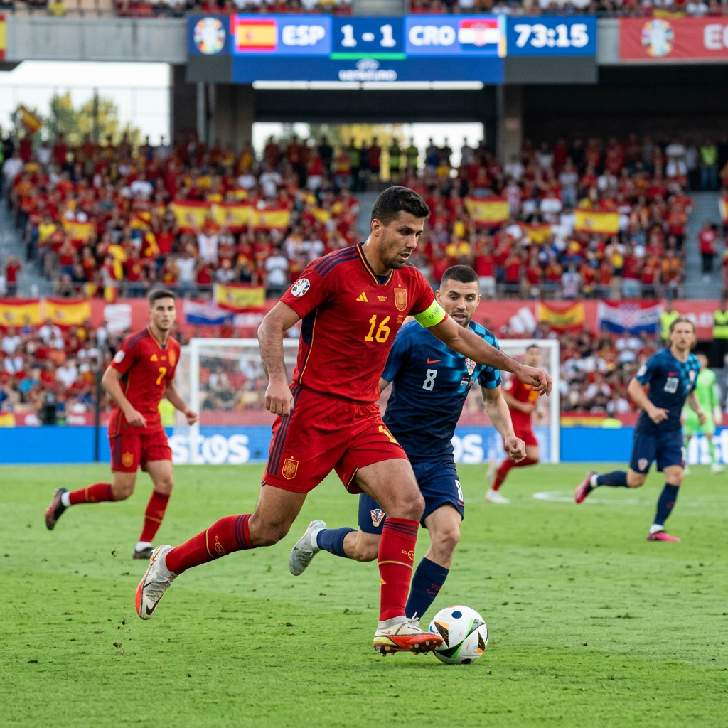 Spain player number 16 with captain armband controlling the ball while a Croatia player challenges during a UEFA Nations League soccer match.