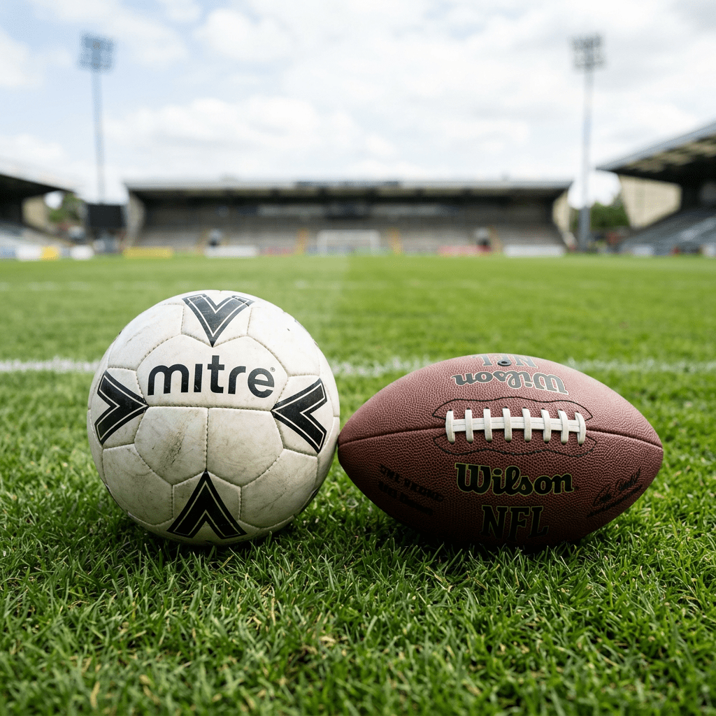 Soccer ball and American football on grass field in stadium