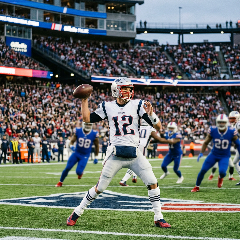 Quarterback wearing number 12 white jersey throwing football in stadium.